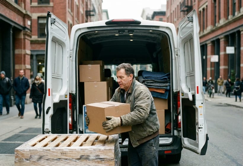 Kartons und Palette werden in den Transporter geladen
